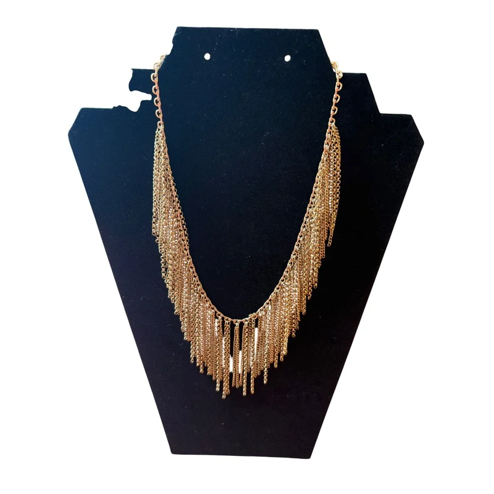 Gold Multi Strand Fringe Bib Statement Necklace Cascading Chain Boho Glam